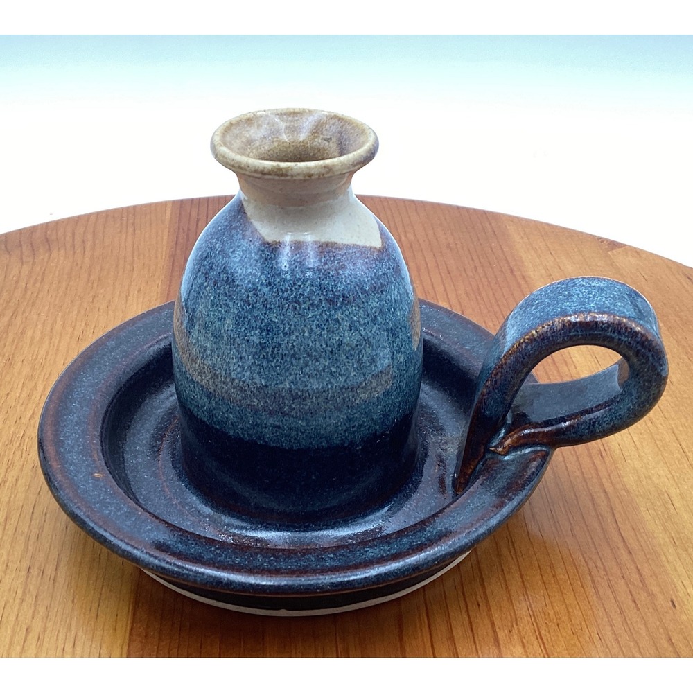Signed Studio Pottery Chamberstick Candle Holder Blue Brown Drip Glaze Artisan
